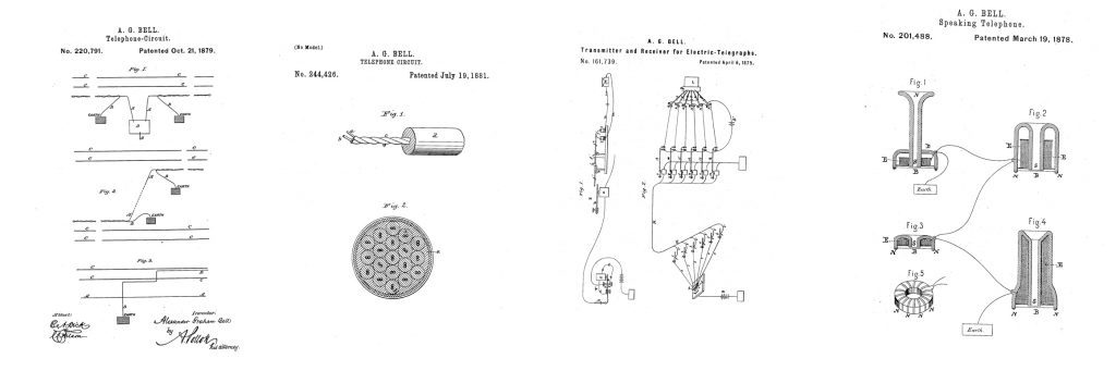 four telephone patent diagrams by Alexander Graham Bell